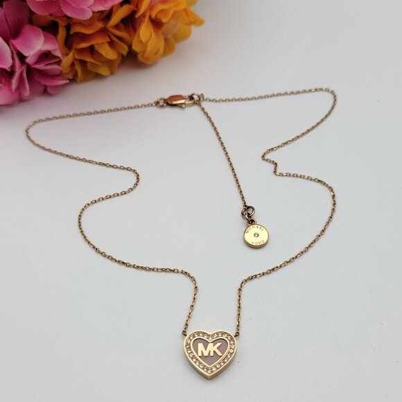 Michael Kors Gold Tone Crystal Heart Logo Pendant Necklace 18" Adjustable - Picture 1 of 5